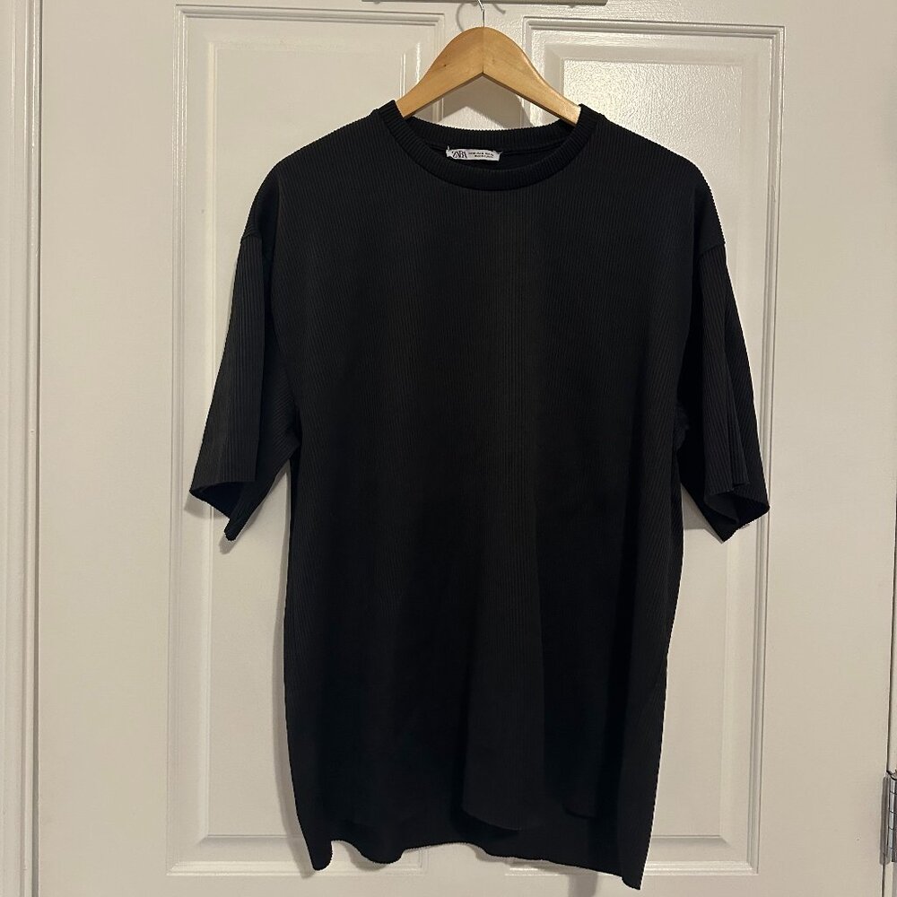 ZARA Ribbed Crew Neck Shirt, Black, M